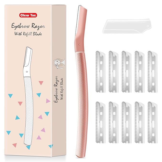 Dermaplane razor for women with 10 replaceable blades, dermaplaning tool for facial peach fuzz, eyebrows, exfoliation, and also suitable for shaving men beards, Rose Gold