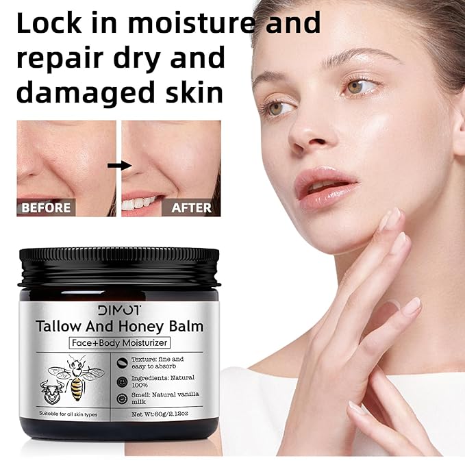 Beef Tallow for Face Skin, Tallow and Honey Balm for Skin Honey Butter Faces & Body Cream For Skins Firming & Hydrating Balm Care Tallows Face Moisturizer Cream, 2.12 Oz, 1PC
