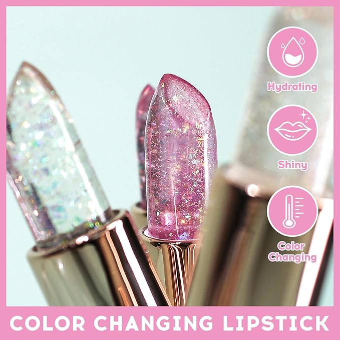 Pink Shimmer Lipstick, Ph Mood Magic Color Changing Lip Balm Plumping Glimmer Glow Lipstick Hydrating Lip Glow Oil Lasting Tinted Lip Balm Moisturizing Lips Care Temperature Jelly Lipstick(3#)
