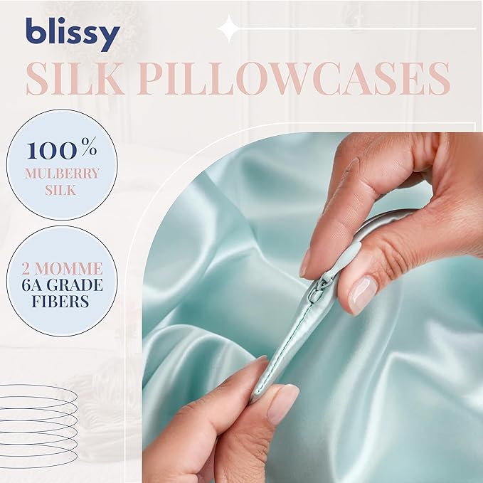 Blissy Silk Pillowcase - 100% Pure Mulberry Silk - 22 Momme 6A High-Grade Fibers - Silk Pillow Cover for Hair & Skin - Regular, Queen & King (Mint, King)