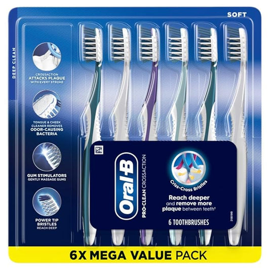 Oral-B Pro Health CrossAction All in One Soft Toothbrushes, Deep Plaque Fighter, Rounded Bristles Gentle on Teeth, Tongue and Cheek Cleaner, Gum Stimulators, 6 Count, Tooth Brush Pack