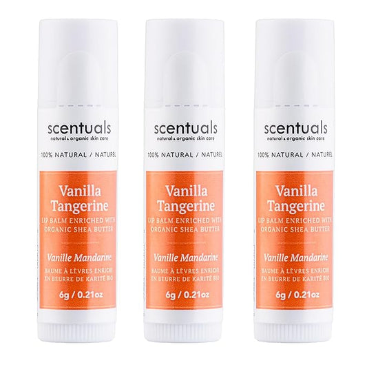 Lip Balm Vanilla Tangerine Set of 3, Made with Shea Butter, Cocoa Butter, Avocado & Jojoba oil, Beeswax, Vitamin E and Essential oil, Moisturizing Lip Care, Cruelty Free Hydration, Natural (3 Pack)