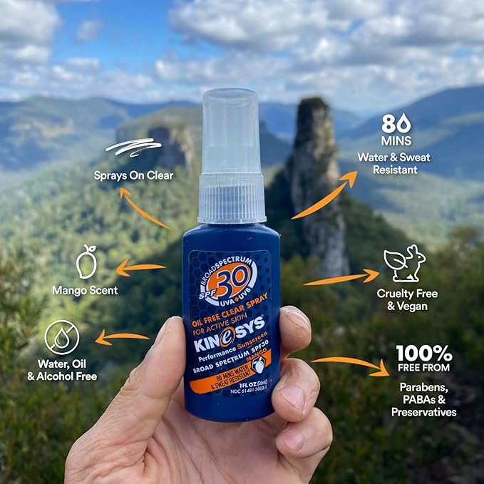 KINeSYS Lightly Mango Scented Clear Spray Sunscreen, SPF 30, Hypoallergenic, Broad Spectrum UVA/UVB protection for Face & Body; Alcohol, PABA & Oxybenzone FREE, Vegan, 170+ Sprays, 1 fl oz (Pack of 2)