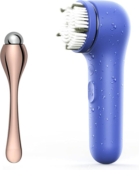 Premium Face Scrubber, Deep Pore Cleansing Brush, Waterproof & Rechargeable Face Scrub Brush for Men& Women, Electric Facial Exfoliator with 3 Brushes, 3 Intensities, 2 Modes with Eye Rollor - Azure