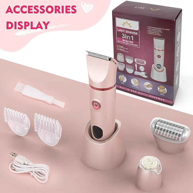 Bikini Trimmer for Women, 3 in 1 Electric Razors for Women, Rechargeable Electric Bikini Shaver, Waterproof Pubic Hair Trimmer and Facial Hair Remover with LED Display