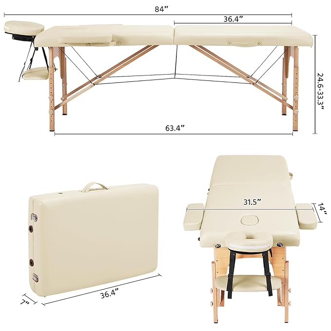 Yaheetech Massage Table Lash Bed Portable Massage Spa Bed Beauty Tattoo Table Adjustable for Eyelash Tech Physical Therapy Couch, Cream