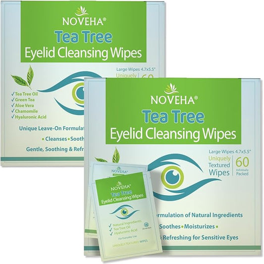 NOVEHA 120Pcs Tea Tree Oil Eyelid & Lash Wipes With Hyaluronic Acid, Green Tea & Chamomile For Blepharitis & Itchy Eyes, Individually Wrapped Eyelash Wipes, Natural Makeup Remover & Cleanser (2 Pack)