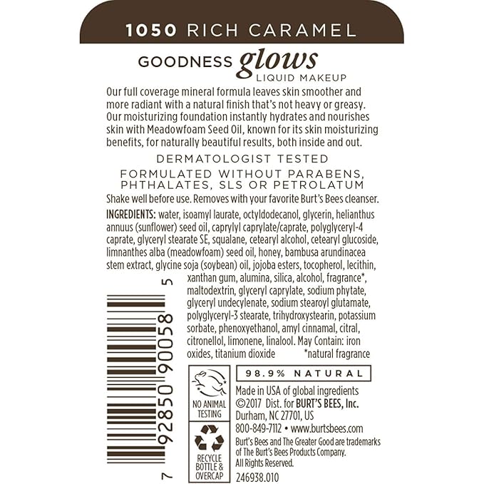Burt's Bees Goodness Glows Liquid Makeup, Rich Caramel - 1.0 Ounce