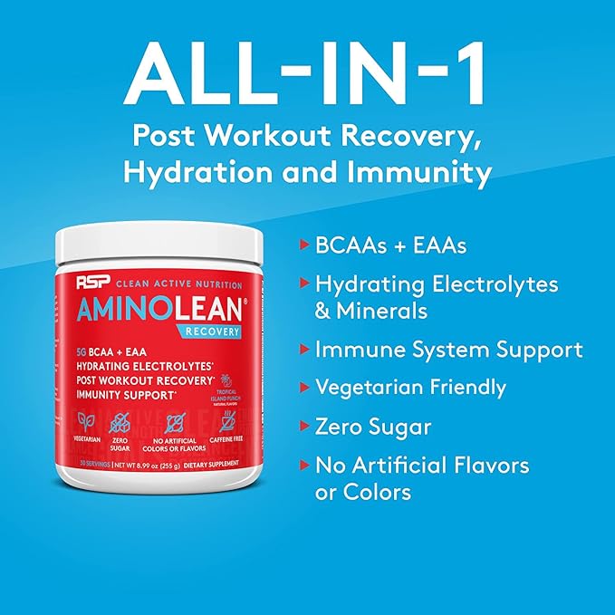 AminoLean Hydrating Electrolyte Powder and Recovery Drink with Sea Minerals, Nootropic Mushrooms, and Vegan Amino Acids, BCAAs + EAAs for Post Workout Muscle Building, Tropical Punch