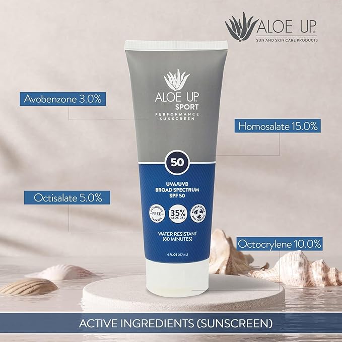 Aloe Up Sport Sunscreen Lotion SPF 50 - Broad Spectrum UVA/UVB Sunscreen Protector for Face and Body With Hydrating Aloe Vera Gel Non-Greasy No White Cast Reef Safe Fragrance Free - 6 Oz- 2 pack
