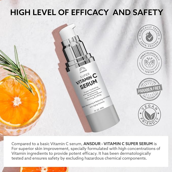 ANSDUR Super Vitamin C Serum for Women over 70: Hyaluronic Acid Serum for Face, Dark Spot Remover and Wrinkle Reduction - Lifting, Smoothing, Moisturizing, All in One Skin Care Formula, 1 fl oz
