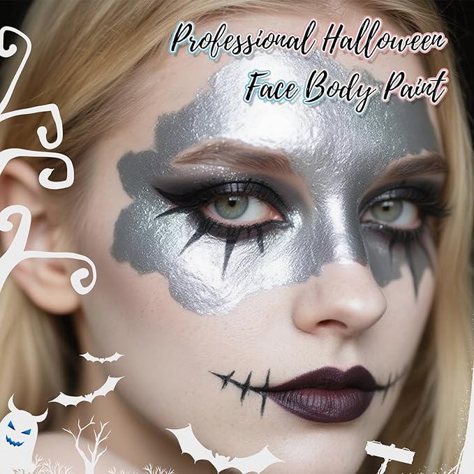 Sliver Water Based Face Body Paint, 2.37 OZ Large Tube Full Coverage Face Paint for Skull Goth Cosplay, Washable Metallic Silver Body Painting Cream for Adult Carnival Halloween SFX Makeup