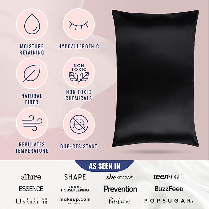 Blissy Silk Pillowcase - 100% Pure Mulberry Silk - 22 Momme 6A High-Grade Fibers - Silk Pillow Cover for Hair & Skin - Regular, Queen & King (Black, Queen)