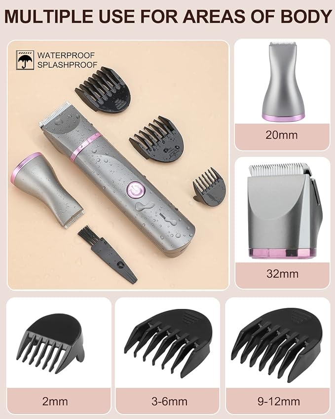 Pubic Hair Trimmer Women Bikini Trimmer Electric Shaver Razor for Bikini Armpit Legs Groin Hair Removal Body Hair Trimmer, Rechargeable Waterproof for Wet and Dry Use，Gray&Purple