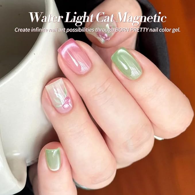 Born Pretty Pastel Magnetic Gel Nail Polish,Water Light Cat Magnetic Eye Gel Jelly Glass Crystal Nail Polish Glitter Shimmer Auroras Magnetic Gel Nail Art Manicure Kit 6PCS