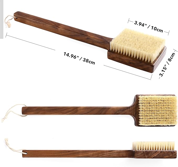 Luxury Natural Walnut Wood Boar Bristle Body Brush | Exfoliating & Detoxifying for All Skin Type | Sweeps Away Dead Skin Cells for Luminous, Smooth Skin | for Wet and Dry Use (Long Handle)