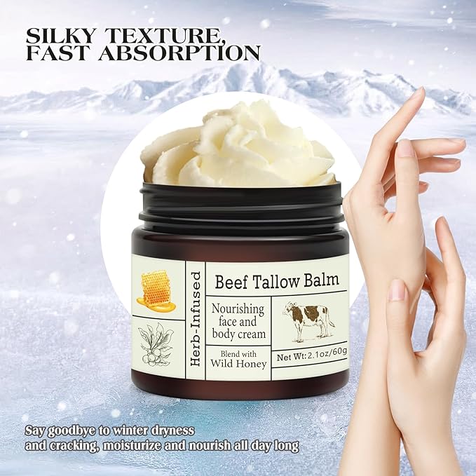 Beef Tallow For Skin – Natural Tallow and Honey Balm Face Moisturizer, Organic Grass-Fed Tallow, Deeply Nourishing Whipped Skin Balm for Face & Body, Moisturizing Cream for Dry Skin