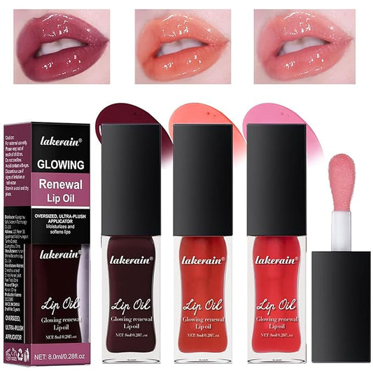 3 Colours Hydrating Lip Tinted Oil, Moisturizing Crystal Jelly Lip Gloss Ultra-Shiny Finish Soften & Smoothes Lips Texture Plumping Liquid Lipstick for Girls and Women