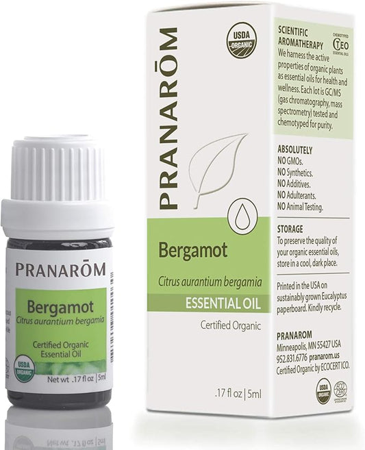 Pranarom USDA Certified Organic Bergamot Essential Oil (5ml), 100% Pure Undiluted Therapeutic Grade from Italy for Aromatherapy, Diffuser, Uplifting Scent, Immune Support, Relaxation, Sleep