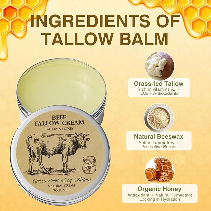 Beef Tallow for Skin, Tallow and Honey Balm,Tallow Face Moisturizer, Natural Grass-Fed Beef Tallow Balm with Raw Honey Moisturizing Cream for Body Lotion Skin Care