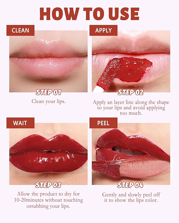 Peel Off Lip Tint Stain Set-3Pcs Pink Rose Tattoo Lip Liner Stain with Matte Finish,Lip Gloss Longlasting Waterproof Nonstick Tinted Colored Lipliner Lipstain,Lip Makeup Gift Kit for Girl Women