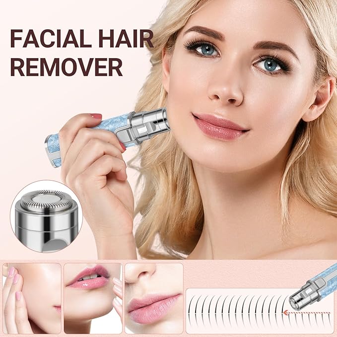 Facial Hair Remover for Face Lip, Electric 2 in 1 Face Shaver and Eyebrow Trimmer, Rechargeable Blue Nose Hair Trimmer for Women with Built-in LED Light