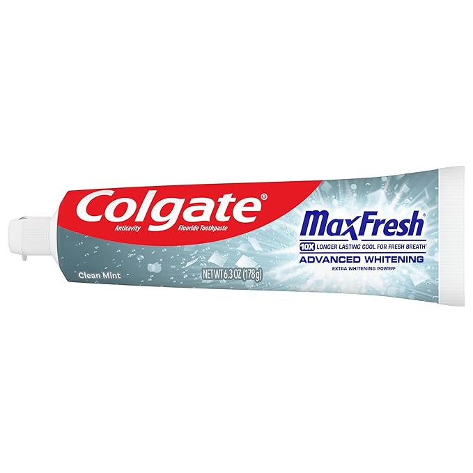 Colgate MaxFresh Advanced Whitening Toothpaste for Bad Breath, Fluoride Formulated, Helps Whiten Teeth and Leaves Breath Feeling Fresh for Hours, Fights Cavities, Clean Mint, 6.3 oz