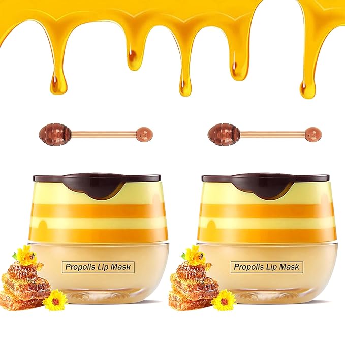 2PCS Bee Lip Balm Honey Pot,Honey Lip Mask Propolis Moisturizing Lip Balm with Stick,Propolis Moisturizing Honey Lip Balm,Hydrating & Prevention Dry and Cracked Lip,Lip Care Skin Care Products