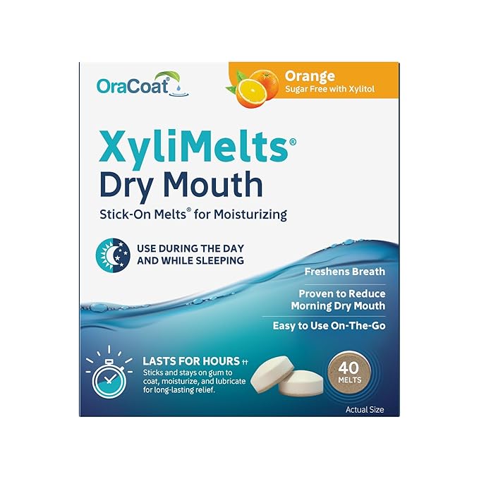 Oracoat XyliMelts for Dry Mouth Night Time or Day - Moisturizing Dry Mouth Adhering Discs, Sugar Free with Xylitol, 40 Count, Orange Flavor, 8-Hour Relief