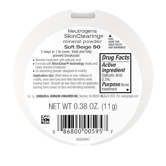 Neutrogena SkinClearing Mineral Acne-Concealing Pressed Powder Compact, Shine-Free & Oil-Absorbing Makeup with Salicylic Acid to Cover, Treat & Prevent Breakouts, Soft Beige 50,.38 oz