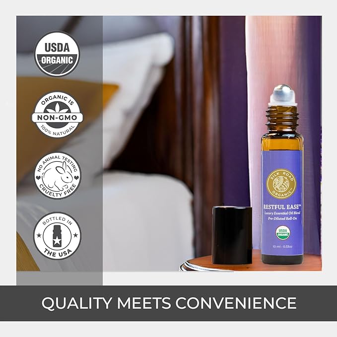 Silk Road Organic Restful Ease Essential Oil Sleep & Stress Blend Roll On - 100% Pure USDA Certified with Indian Sandalwood - Stress Ease Aromatherapy & Calming Relaxation - 10 ml Roller