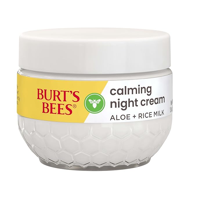 Burt's Bees Calming Night Cream, With Aloe and Rice Milk, Face Moisturizer For Sensitive Skin Infuses Skin With Moisture While You Sleep, 98.8 Percent Natural Origin, 1.8 oz. Tub