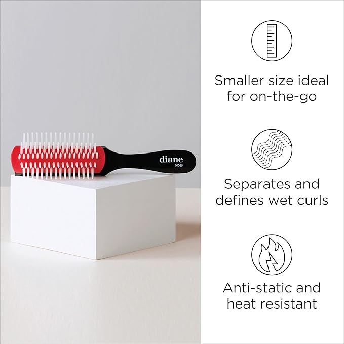 Diane Pro Mini Nylon Pin Styling Brush for Detangling, Separating, Shaping, and Defining Wet or Curly Hair, Heat-Resistant, Anti-Static, Black/Red