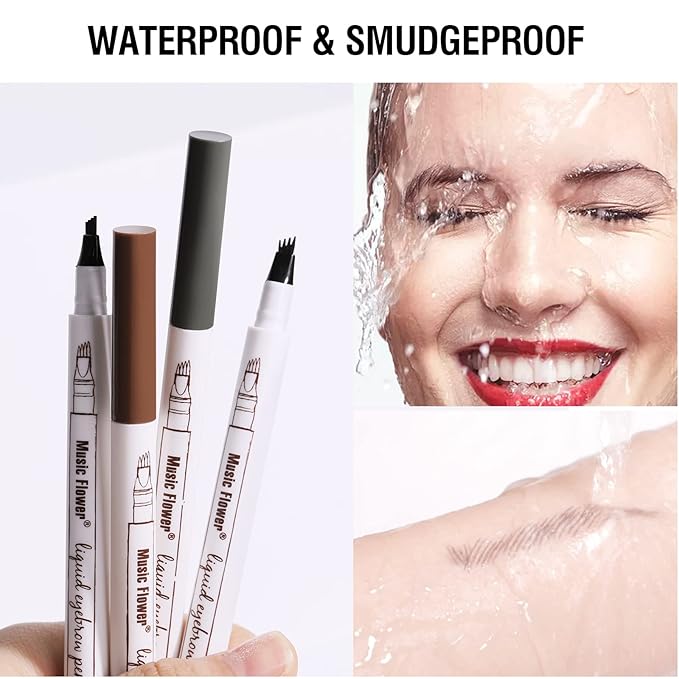 Music Flower Eyebrow Pen, Liquid Eyebrow Pen, Waterproof Brow Pencil with Micro-Fork Tip, Smudgeproof Long Lasting Fine Sketch Microblading Pen, Reddish Brown