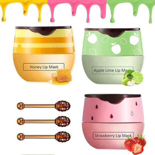 Bee Lip Balm Honey Pot,3 PCS Strawberry&Honey&Apple Lime Lip Sleeping Mask,Hydrating Prevention Dry and Cracked Lip Scrubs Exfoliator Lip Care,Moisturizing Lip Mask Overnight Reduces Lip Lines
