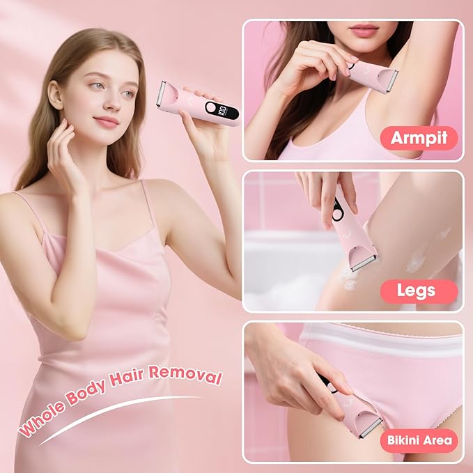 Bikini Trimmer for Women, Painless Pubic Hair Trimmer for Armpit Leg Arm Body Private Area,Rechargeable Womens Electric Razors Shaver LED Light Ceramic Blade IPX7 Waterproof Wet/Dry LCD Display,Pink