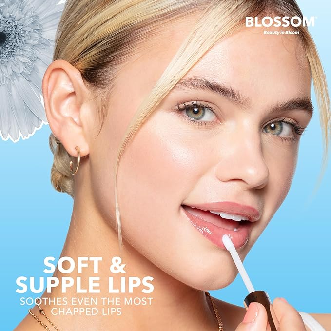 Blossom Moisturizing and Hydrating Shimmer Sparkle Lip Oil with Olive Oil + Grape Seed Oil, Infused with Real Flowers, 3g, Coconut