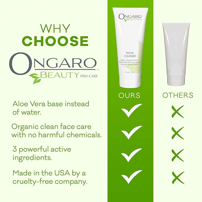 Ongaro Beauty Hydrating Face Cleanser, Gentle Facial Cleanser with Organic Aloe Vera for Normal, Oily, Sensitive and Dry Skin, Facial Wash with Hyaluronic Acid and Vitamin E, 6 fl oz