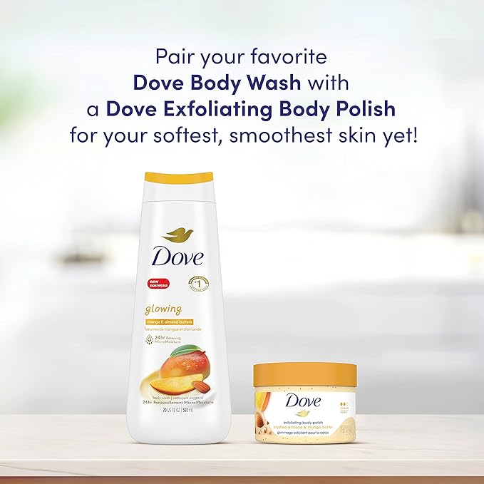 Dove Exfoliating Body Polish Body Scrub Crushed Almond and Mango Butter 4 Count Exfoliating Scrub for Dry Skin Gently Exfoliates to Reveal Healthy Skin 10.5 oz