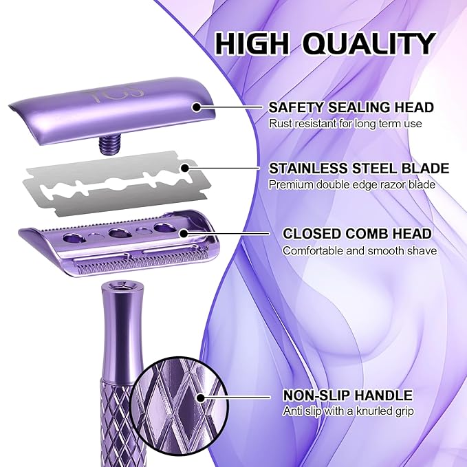 Double Edge Safety Razor for Women Purple with 10 Blades and Silicone Cover - Durable Metal Eco-Friendly Single Blade Razor - Closed Smooth Shave