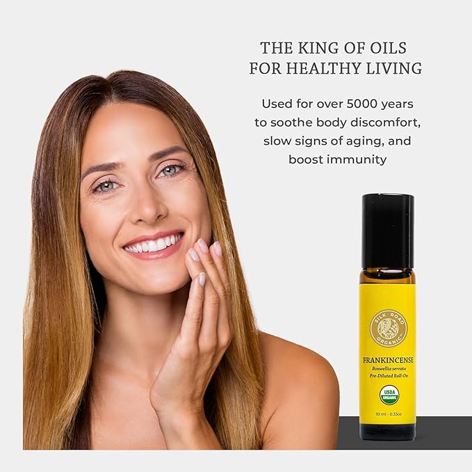 Silk Road Organic Frankincense Serrata Essential Oil Roll on, 100% Pure USDA Certified Aromatherapy for Skin Health, Aging, Fine Lines & Body Aches - 10 ml Roller