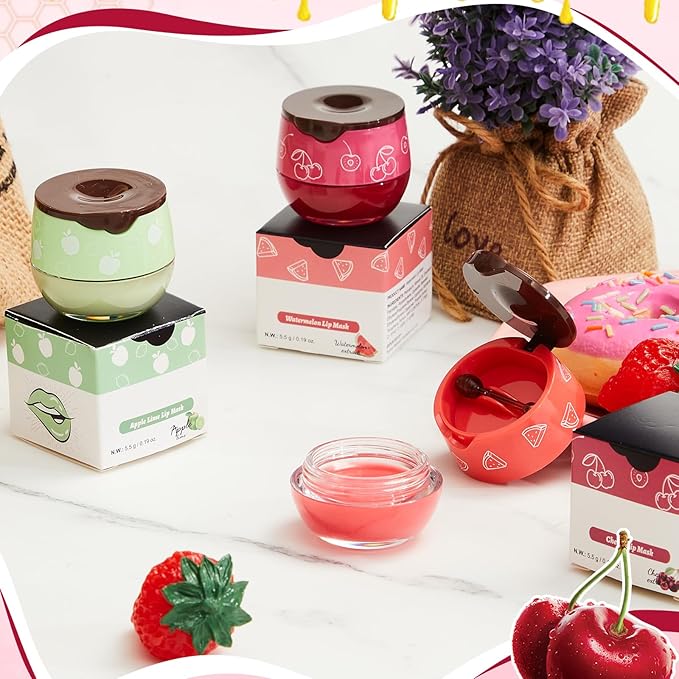 12 Pcs Bee Lip Balm Honey Pot with Brush Propolis Lip Mask Overnight, Moisturizing Hydrating Lip Sleeping Mask Prevention Dry and Cracked(Honey+Strawberry+Watermelon+Apple Lime+Cherry)