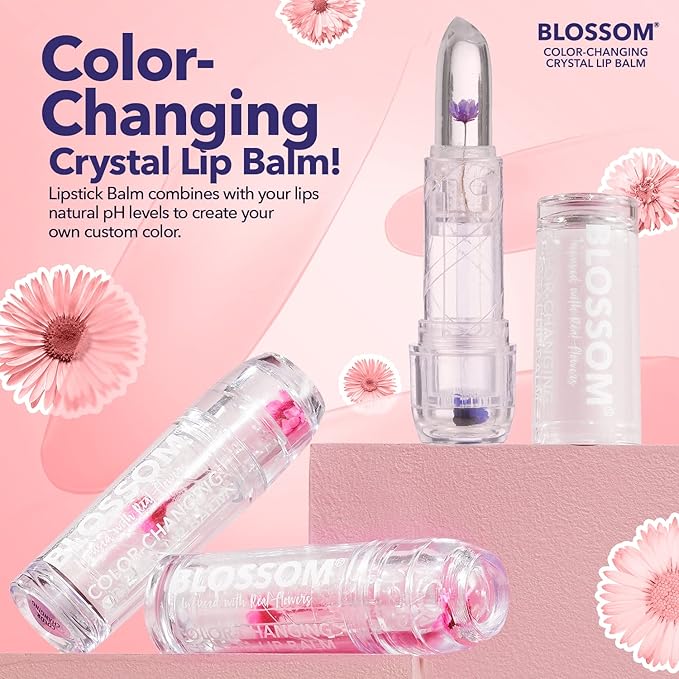 Blossom Moisturizing Custom Color Changing Crystal Lip Balm, Strawberry Scented, Lip Stain Tint, Infused with Real Flowers, 3g, Purple