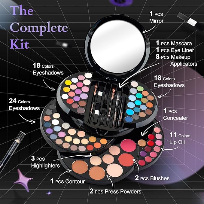 Color Nymph Makeup Kit For Teen Girls, Ball Case Full Kit Makeup Kit For Beginner Practice Professional Makeup Set with 60 colors eyeshadows, 11 colors lip glosses, Highlighter Bronzer Mascara etc