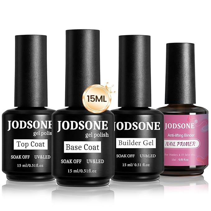 JODSONE 4 Bottles of 15ML Nail Primer Base Coat Top Coat and Builder Gel Which Helps Better Fit the Gel Polish