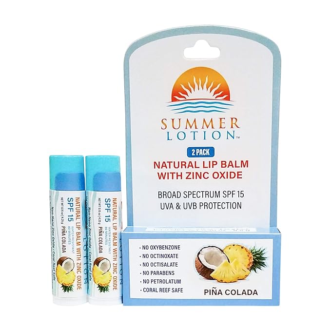 Natural Lip Balm with Zinc Oxide Sunblock by Summer Lotion, SPF 15 Lip Sunscreen 2-Pack, Water Resistant Chapstick, SPF Lip Protection for Everyone, (Pina Colada)