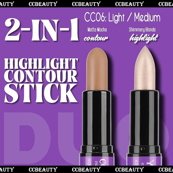 CCbeauty 2-IN-1 Contour Stick Makeup,Cream Shimmer Highlighter Bronzer Stick, Highlighting Contouring Kit, Highlight Concealer Sticks for Face Shaping Make up, Long Lasting & Waterproof