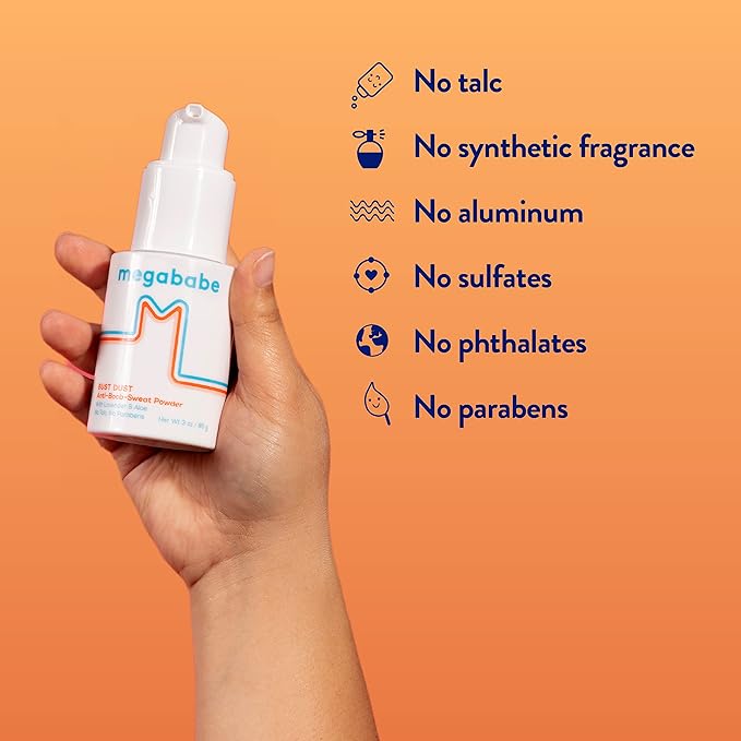 Megababe Sweat Absorbing Body Powder - Bust Dust, with Applicator Pump, Talc-Free, All Natural, 3 oz