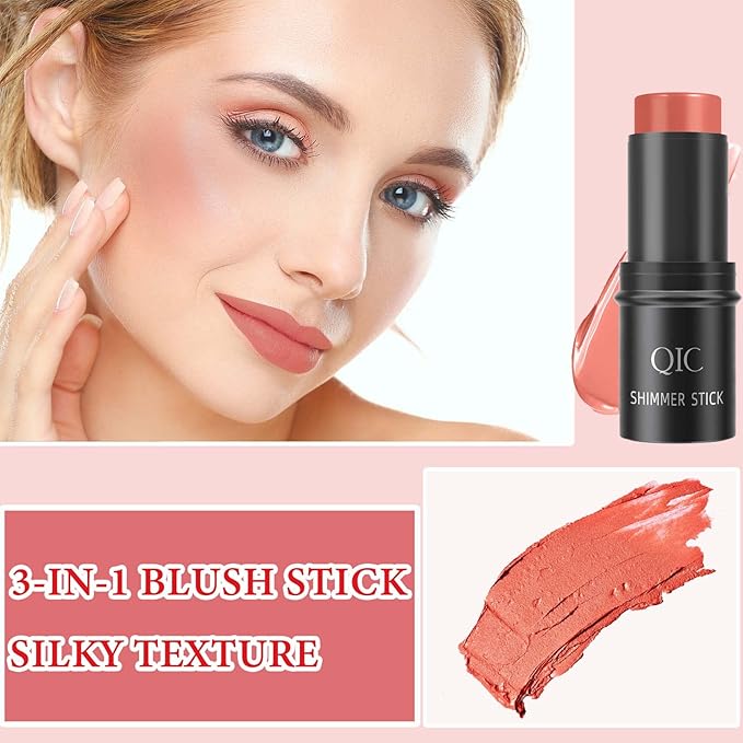 Cream Contour Blush Stick,Long Lasting Waterproof Blush Stick for Cheeks&Lips Multipurpose Face Highlighting Concealing Cream,Shimmer Contour Stick Makeup for Women（Rose Red）