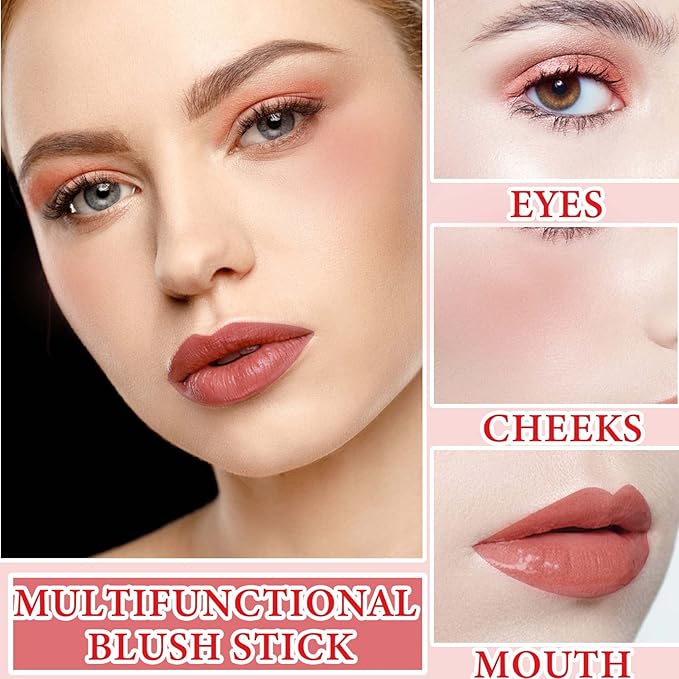 Cream Contour Blush Stick,Long Lasting Waterproof Blush Stick for Cheeks&Lips Multipurpose Face Highlighting Concealing Cream,Shimmer Contour Stick Makeup for Women（Rose Red）